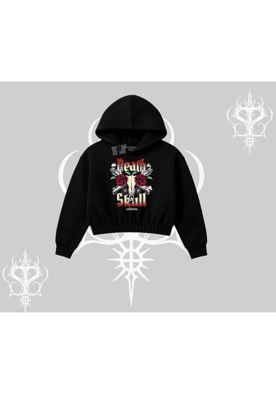 Startmore Kapşonlu Crop Sweatshirt Skull & Roses Vintage West Coast Rebellion Siyah