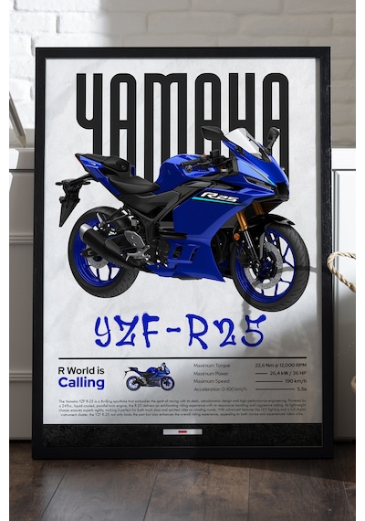 Yamaha Yzf R-25 Siyah Ahşap Çerçeveli Poster, Dekoratif Motosiklet Duvar Tablosu