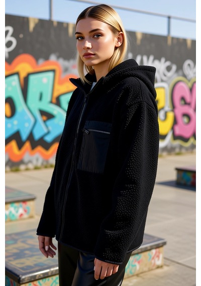 Benerly Kadın Dik Yaka Düşük Kol Tam Fermuarlı Peluş Sweatshirt Fonksiyon siyah