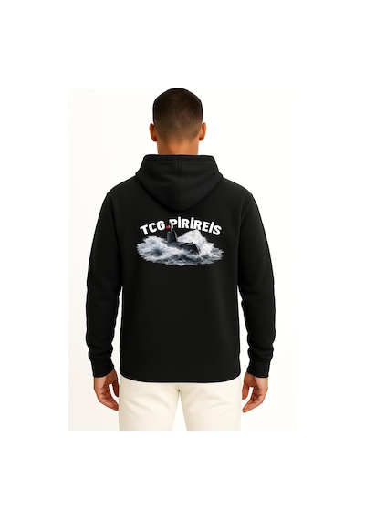 Bahriyeli Collection Kapüşonlu Tcg Pirireis Dalgalar Arası Cep Ve Sırt Baskılı Unisex Sweatshirt Siyah