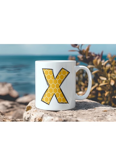 X Harfi Bal Peteği Desenli Kupa - Sarı Beyaz Siyah Geometrik Kahve Çay Kupası - Hediyelik Beyaz