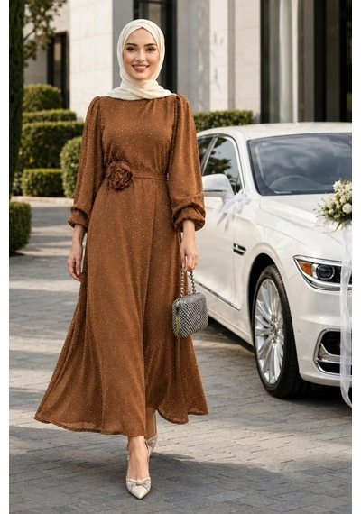 Hb Harma Time Butik Kadın İnci Detaylı Kuşaklı Taba Saten Elbise Taba Taba