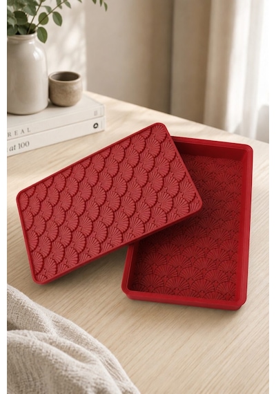 Desenli Kapaklı Dekoratif Kutu Masa Üstü Organizer Takı Aksesuar Saklama Kutusu Pla 20x12.5 Cm Kırmızı