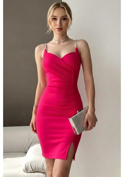 Defymoda Kadın Esnek Yapılı İnce Askı Elbise Pembe