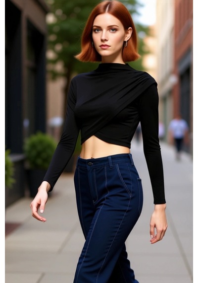 Frm Kadın Moda Şık Üst Giyim Super Crop Dik Yaka Slim Kalıp Örme Drap siyah