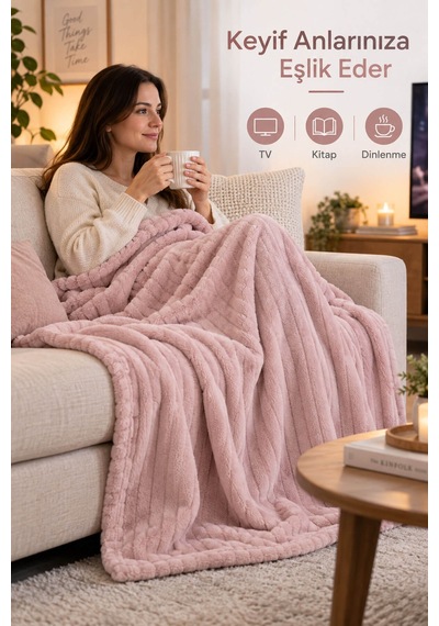 Tek Kişilik Peluş Tv Diz Battaniyesi 100x175 Cm Pudra