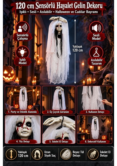 Halloween Cadılar Bayramı Sensörlü Işıklı Sesli Hayalet Gelin Asılabilir Büyük Korku Süsü 120 Cm Diğer