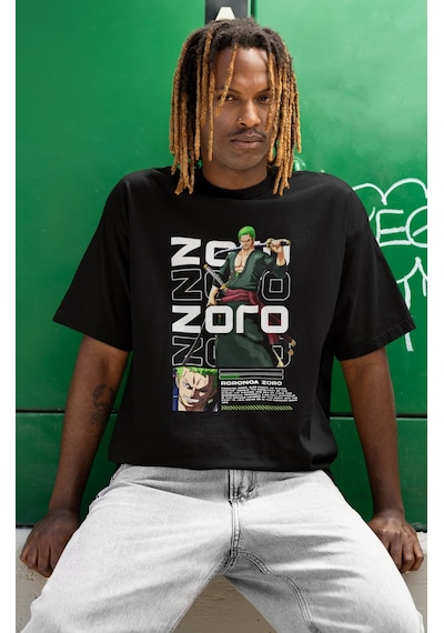 Roronoa Zoro One Piece Baskılı Unisex Oversize Anime Karakter Tiş Siyah