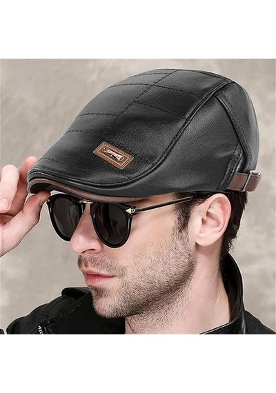 Erkek Suni Deri Gözlük Şapkası Kare Dikiş Detaylı Ayarlanabilir Flat Cap 3 Renk Siyah