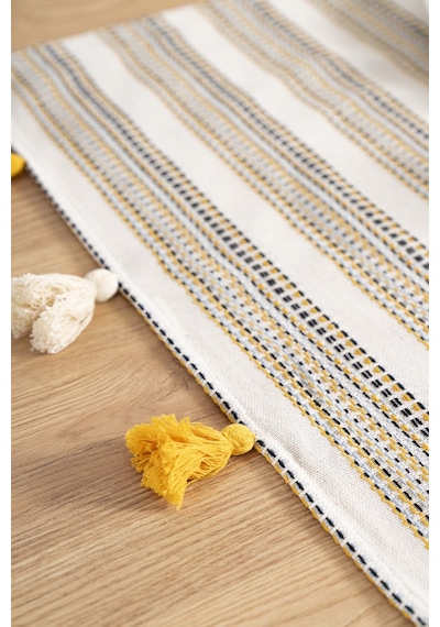 Rivaistanbul Ruffle Püsküllü Pamuklu Ham Keten Runner 50x130 Cm Açık Krem