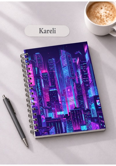 Neon Şehri Temalı 2'li Set A5 Metal Spiralli Çizgili-kareli Karton Kapak Neon Şehri Temalı 2'li Set A5 Çizgili-kareli Defter Çok Renkli