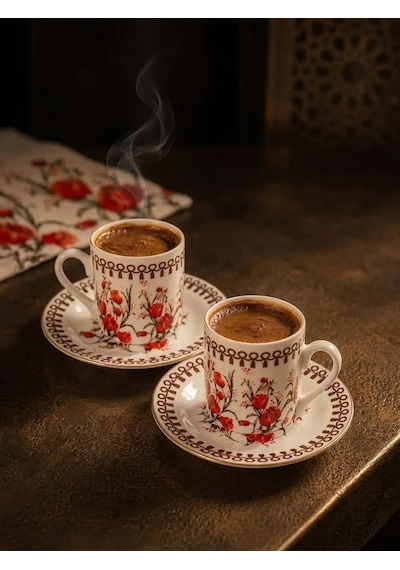 Çiçek Desenli Türk Kahvesi Fincan Takımı 2 Kişilik, Vintage Kahve Fincanı Seti Kiremit
