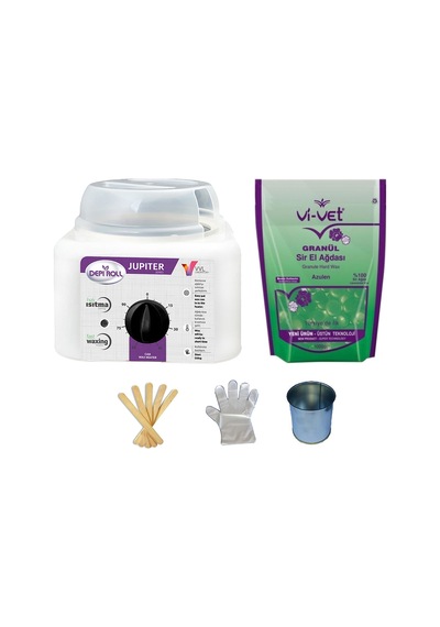 Depi Roll Jupiter Ağda Makinesi + Vi-Vet Granül Azulen Ağda 1 KG + Cezve + Spatula 5'li + Eldiven