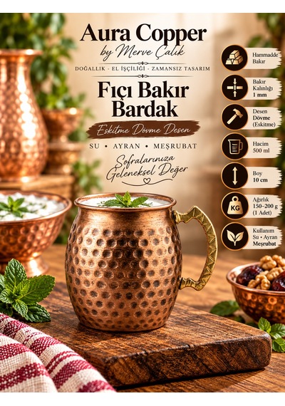 Fıçı Bakır Bardak Dövme Kulplu Ayran Su Meşrubat Bardağı Bakır - Oksit