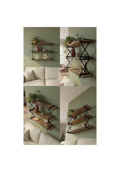 Metal Ayaklı Ceviz Duvar Rafı Modern Dekoratif 3 Katlı Duvar Rafı 90cm Siyah - 865122664 Siyah