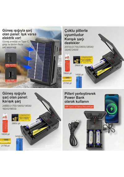Güneş Enerjili Çoklu Pil Şarj Cihazı Ve Powerbank - 18650/26650 Uyumlu
