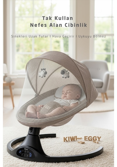 Kiwi Eggy Plus Elektrikli Otomatik Sallanan Bebek Ana Kucağı, 5 Farklı Sallanma Hızı, Oyuncaklı, Açık Gri