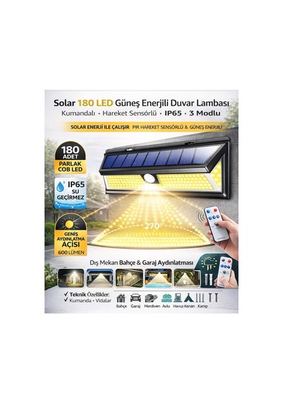 Solar 180 Led Güneş Enerjili Duvar Lambası, Kumandalı, Hareket Sensörlü, Ip65 Su Geçirmez, 3 Modlu, Dış Mekan B Çok Renkli
