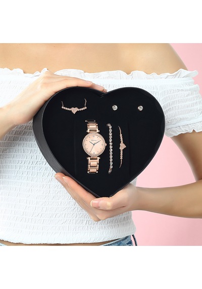 Forentina Rose Zirkon Kalpli Kolye Küpe Bileklik Saat  Set Bronz