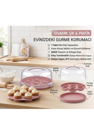Reoona Taşınabilir Kapaklı Kek Ve Cupcake Şeffaf Taşıma Fanusu 7'li Bölmeli Pastel Pasta Saklama Kabı G-299 Açık Ahşap