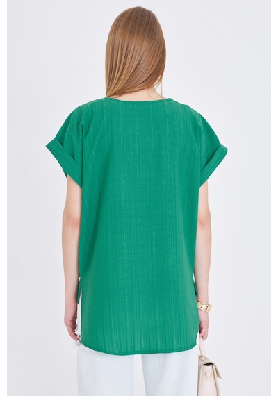 Armonika Kadın Koyu Yeşil V Yaka Yanları Yırtmaçlı Arkası Uzun Duble Kol Detaylı Oversize Bluz Arm-24y001074