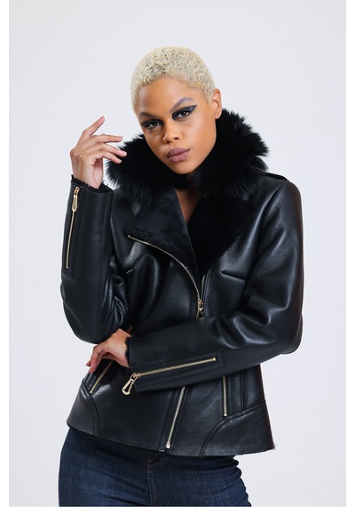 M M Marki Marki Kadın Hakiki Deri Ceket, Özel Kürklü Yaka, Gold Fermuar Detaylı, Siyah - 112522 M M Marki Marki Kadın Hakiki Deri Ceket, Özel Kürklü Yaka, Gold Fermuar Detaylı, Siyah - 112522