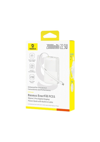 Baseus Enerfill Bipow2 Pro 20000mah Dahili Usb-c Kablolu, 22,5 W Hızlı Şarjlı, Led Ekranlı Powerbank, Beyaz Beyaz