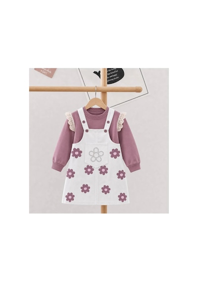 Nota Kids Kız Çocuk Çiçek Desenli Jile Elbise Takım Dantel Kollu Pudra Sweatshirt Ve Askılı Elbise Beyaz