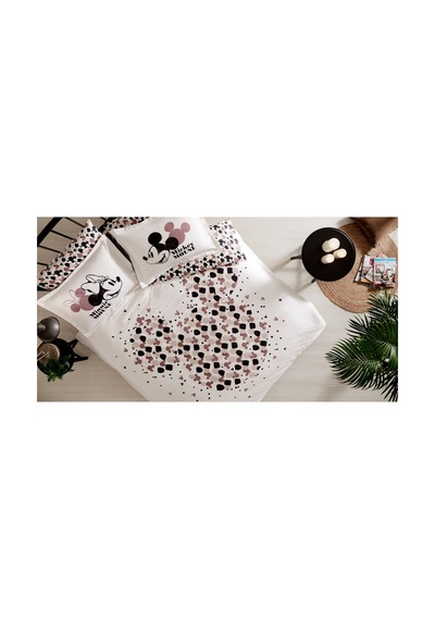 Mickey & Minnie Mouse Love Çift Kişilik Disney Lisanslı Lastikli Çarşaf Nevresim Takımı Krem