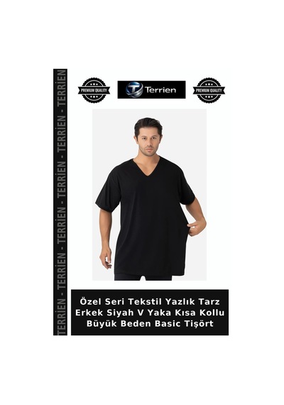 Terrien Özel Seri Tekstil Yazlık Tarz Erkek Siyah V Yaka Kısa Kollu Büyük Beden Basic Tişört