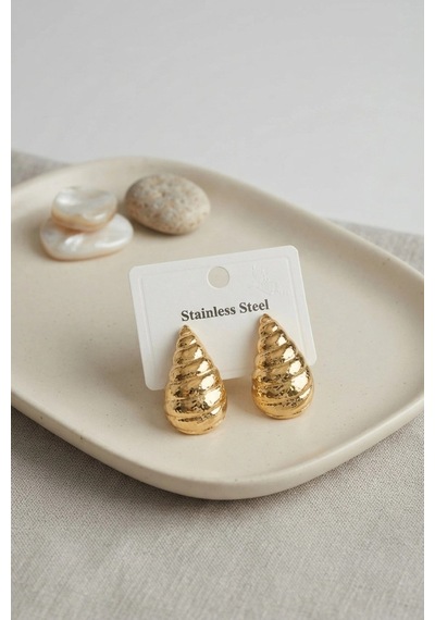 Mey İthalat 316l Çelik Gold Renk Vintage Damla Model Küpe Altın