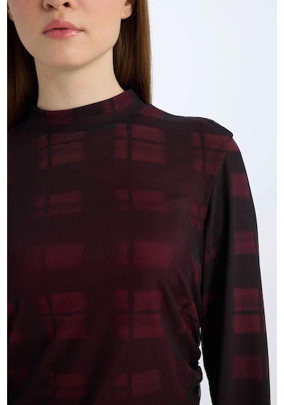 DeFacto Regular Fit Yarım Balıkçı Yaka Desenli Uzun Kollu Maxi Tül Elbise E1959AX24WNBR115 Bordo