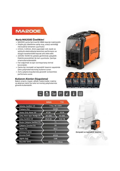 Nuriş Ma200e İnverter Kaynak Makinesi + El Kaynak Maskesi + 100lü 2,5x350mm Rutil Elektrod