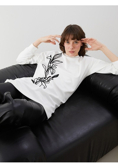 Lcwaıkıkı Classic Beyaz Bisiklet Yaka Baskılı Oversize Kadın Tunik