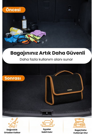 Oto Bagaj Organizer Bagaj Çantası M Boy Kaymaz Cırt Bantlı Velur Kompakt - Siyah Kahverengi