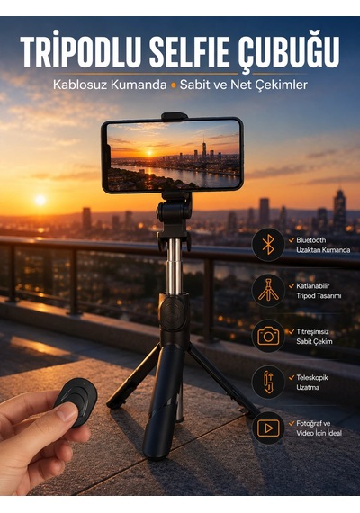 Selfie Çubuğu Tripod Kumandalı Telefon Tutucu Siyah 1 Adet
