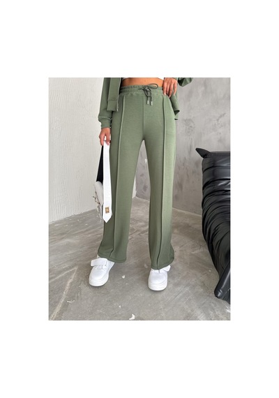 Gugus Kadın Fermuarlı Kolej Yaka Aysho Model Bol Paça Wide Leg Eşofman Takımı Haki
