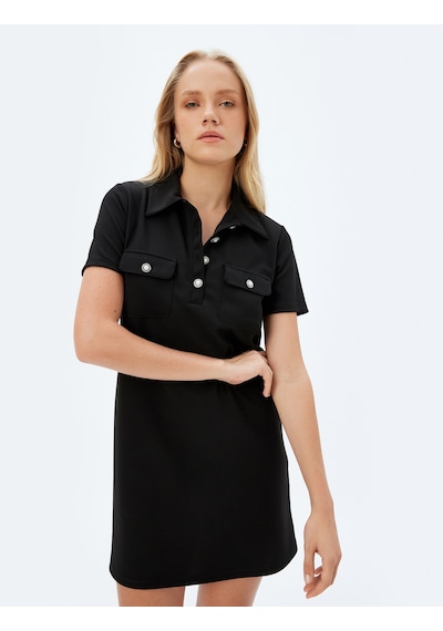 Koton Polo Yaka Elbise Mini Boy A Kesim Kısa Kollu İnci Düğme Ve Cep Detaylı Siyah 5sak80042ek Siyah