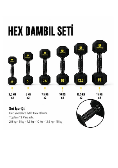 Rebuwo Hex Dambıl Seti 2,5 15 Kg 12 Parça Profesyonel Ağırlık Seti