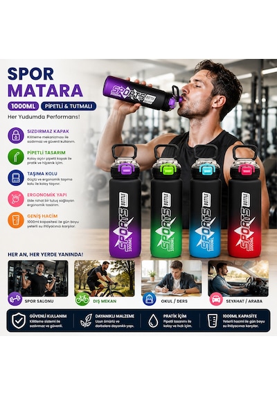 Çift Renkli Tutmalı Plastik Pipetli Spor Matara Suluk 1000ml 5286