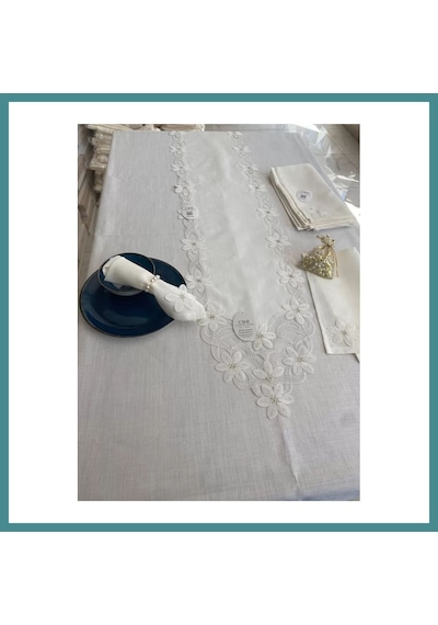 Trendexa Sofra Takımı Evita Gardenya Keten Yemek Takımı 160x260 Masa Seti 26 Parça Runner Set Krem Mac