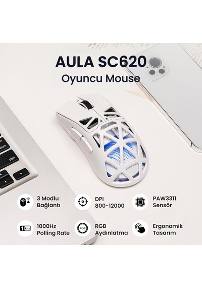 Sc620 Paw3311 Sensör 12000 Dpı 1000hz Kablolu Ve Kablosuz Gaming Oyuncu Mouse Beyaz