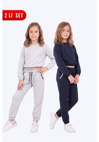 Panios Kids 2'li Yuvarlak Yakalı Beli Lastikli Crop Kesim 4 Parça Kız Çocuk Alt Üst Eşofman Takımı Gri - Lacivert
