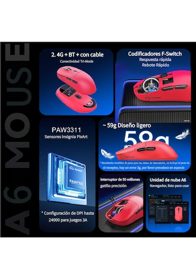 Freewolf A6 Kablosuz Oyuncu Mouse Paw3311 1000 Hz 24000 Dpı Profesyonel Bluetooth Üç Modlu Bağlantı -