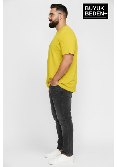 Superlife Büyük Beden Erkek Basic Tişört Pamuklu Düz T-shirt 3xl-6xl Spr26bts510 Sarı