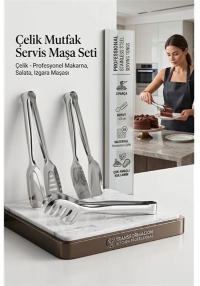 Profesyonel 3'lü Paslanmaz Çelik Servis Maşa Seti Makarna, Salata, Izgara Ve Pasta İçin Çok Amaçlı Mutfak Seti
