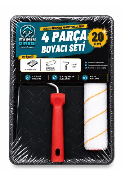 4 Parça Boyacı Seti 20 Cm Rulo Boya Küveti Yedek Rulolu Saplı