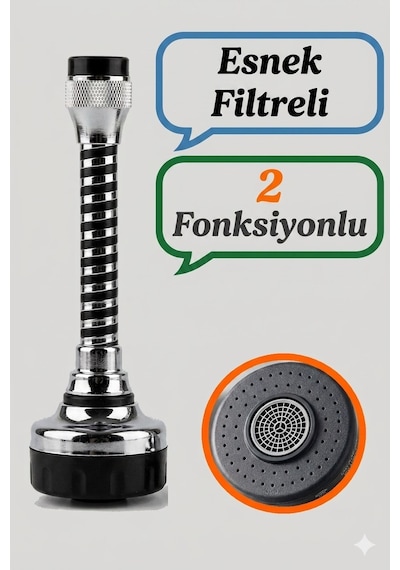 Esnek 2 Fonksiyonlu Metal Musluk Başlığı Filtreli Su Tasarruf Aparatı Tüm Musluklara Uyumlu 15 Cm