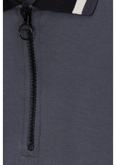 Tudors Erkek Slim Fit Dar Kesim %100 Pamuk Kısa Kollu Yarım Fermuarlı Antrasit Polo Yaka Tişört-50747