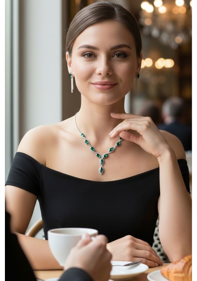 Accessories Yeşil Mekik Taşlı Su Yolu Kolye Küpe Takı Seti - Düğün, Kına, Nişan Gelin Takı Seti Gümüş - Yeşil